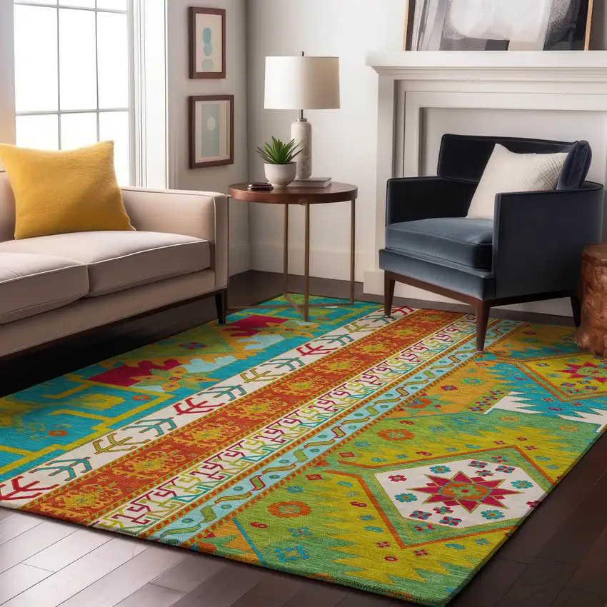 Teal Lime Green And Orange Southwestern Washable Area Rug With UV Protection Photo 4
