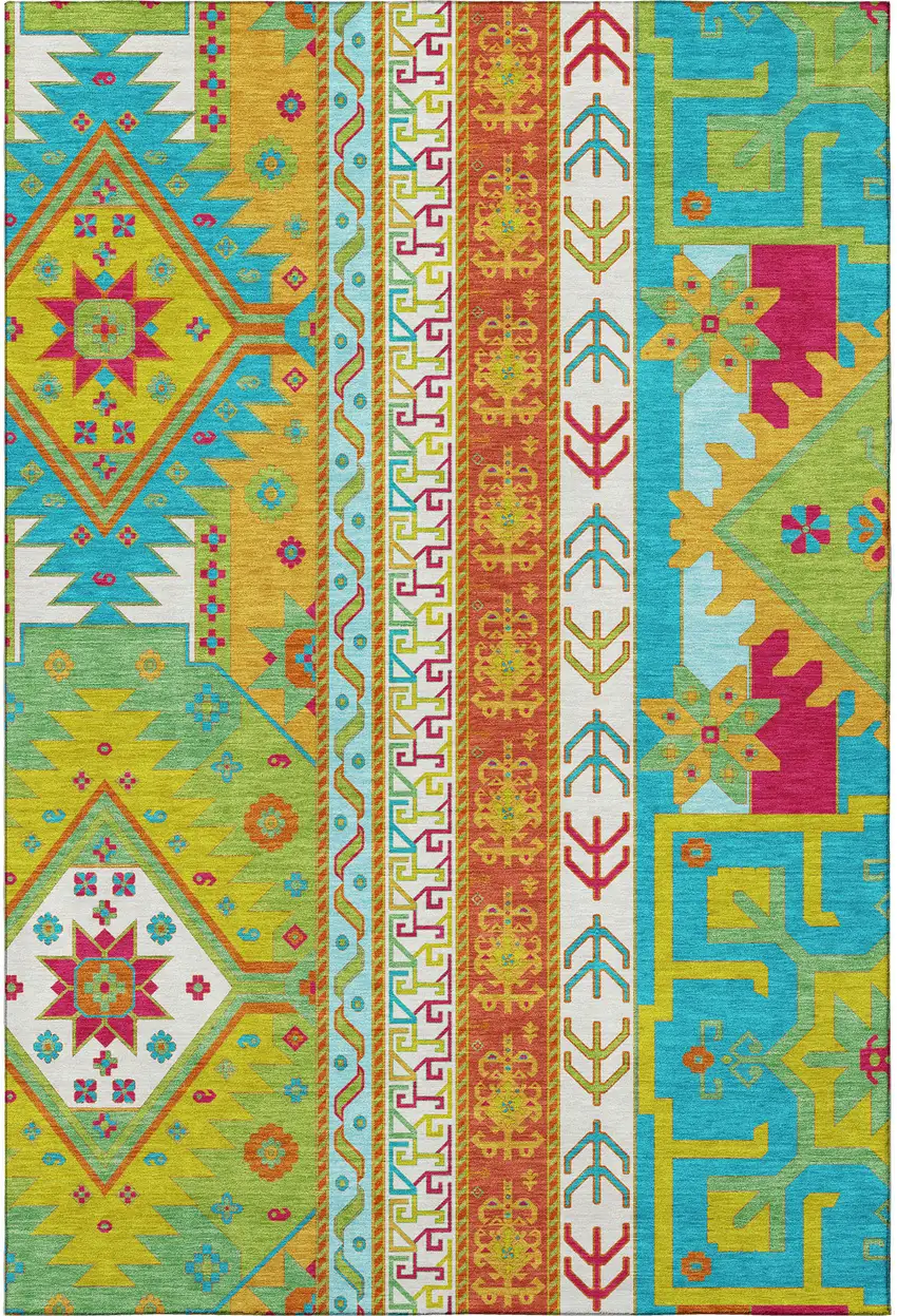Teal Lime Green And Orange Southwestern Washable Area Rug With UV Protection Photo 3