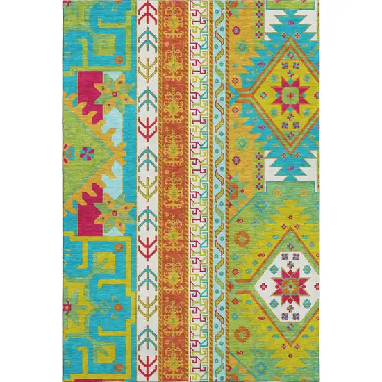 Teal Lime Green And Orange Southwestern Washable Area Rug With UV Protection Photo 1