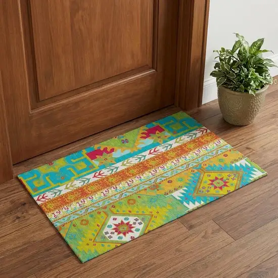 Teal Lime Green And Orange Southwestern Washable Area Rug With UV Protection Photo 1
