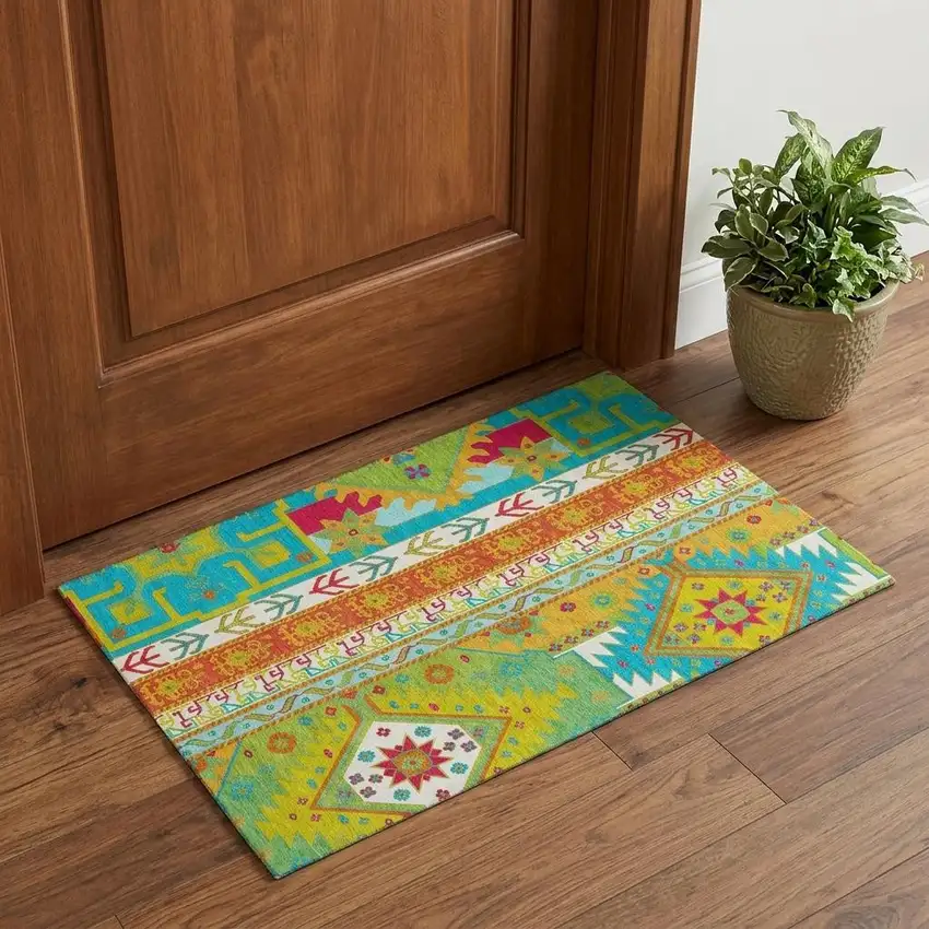 Teal Lime Green And Orange Southwestern Washable Area Rug With UV Protection Photo 1