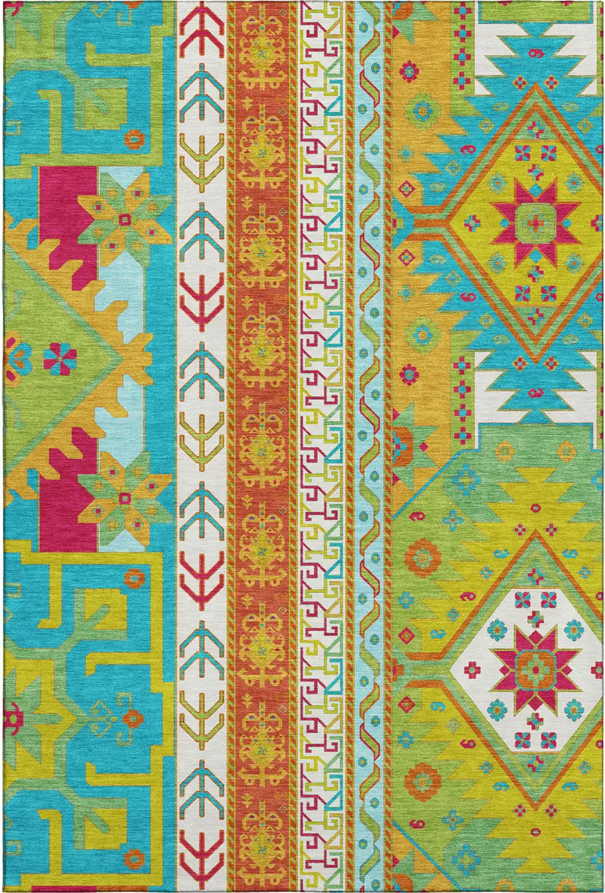 Teal Lime Green And Orange Southwestern Washable Area Rug With UV Protection Photo 1