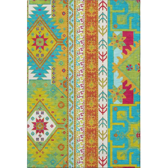 Teal Lime Green And Orange Southwestern Washable Area Rug With UV Protection Photo 3