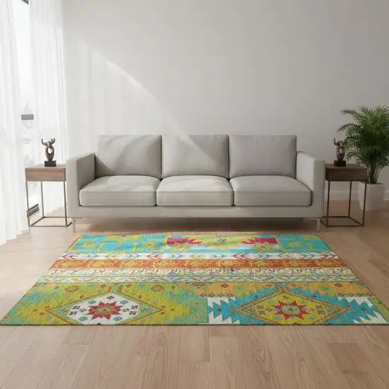 Teal Lime Green And Orange Southwestern Washable Area Rug With UV Protection Photo 2