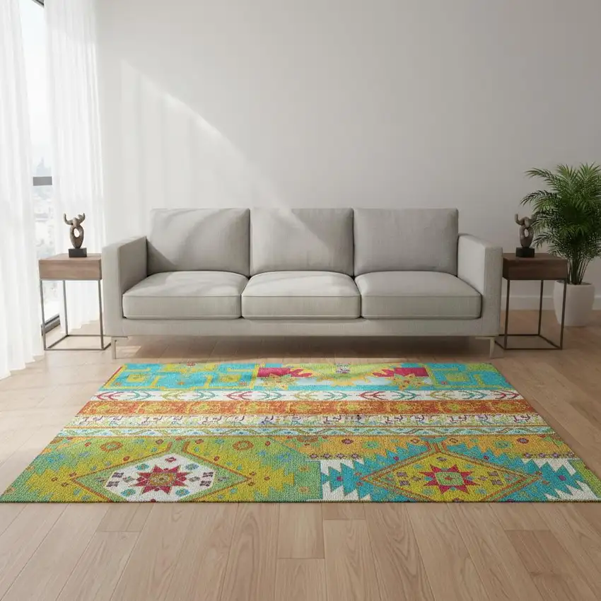 Teal Lime Green And Orange Southwestern Washable Area Rug With UV Protection Photo 2