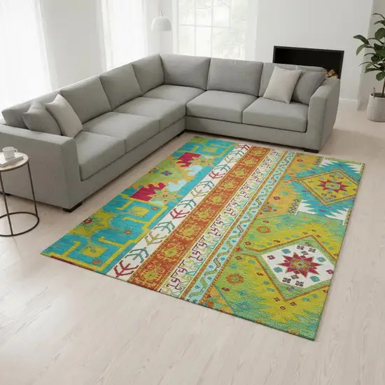 Teal Lime Green And Orange Southwestern Washable Area Rug With UV Protection Photo 2
