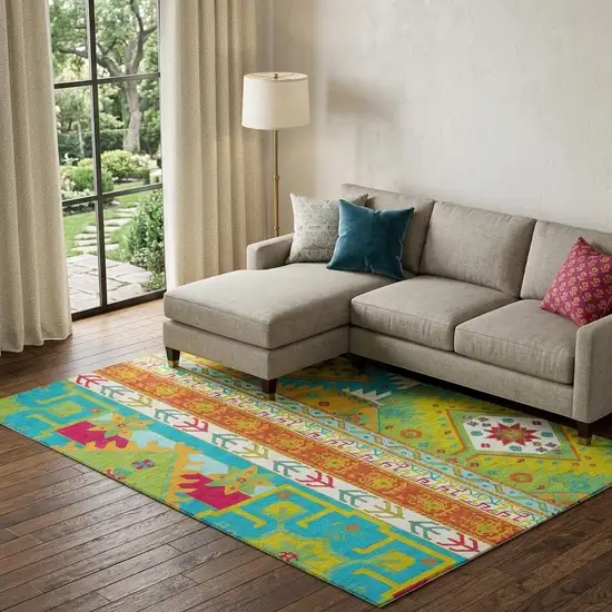 Teal Lime Green And Orange Southwestern Washable Area Rug With UV Protection Photo 1