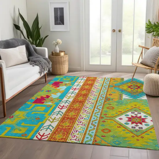 Teal Lime Green And Orange Southwestern Washable Area Rug With UV Protection Photo 5