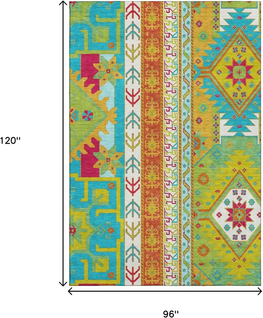 Teal Lime Green And Orange Southwestern Washable Area Rug With UV Protection Photo 8