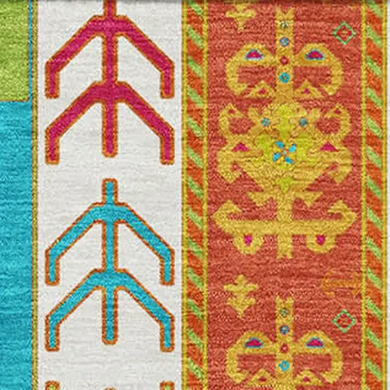 Teal Lime Green And Orange Southwestern Washable Area Rug With UV Protection Photo 2