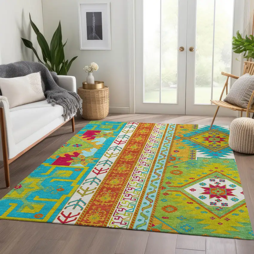 Teal Lime Green And Orange Southwestern Washable Area Rug With UV Protection Photo 5