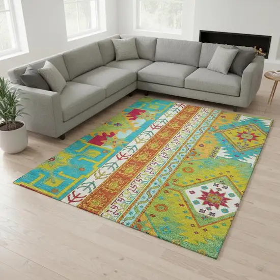 Teal Lime Green And Orange Southwestern Washable Area Rug With UV Protection Photo 2