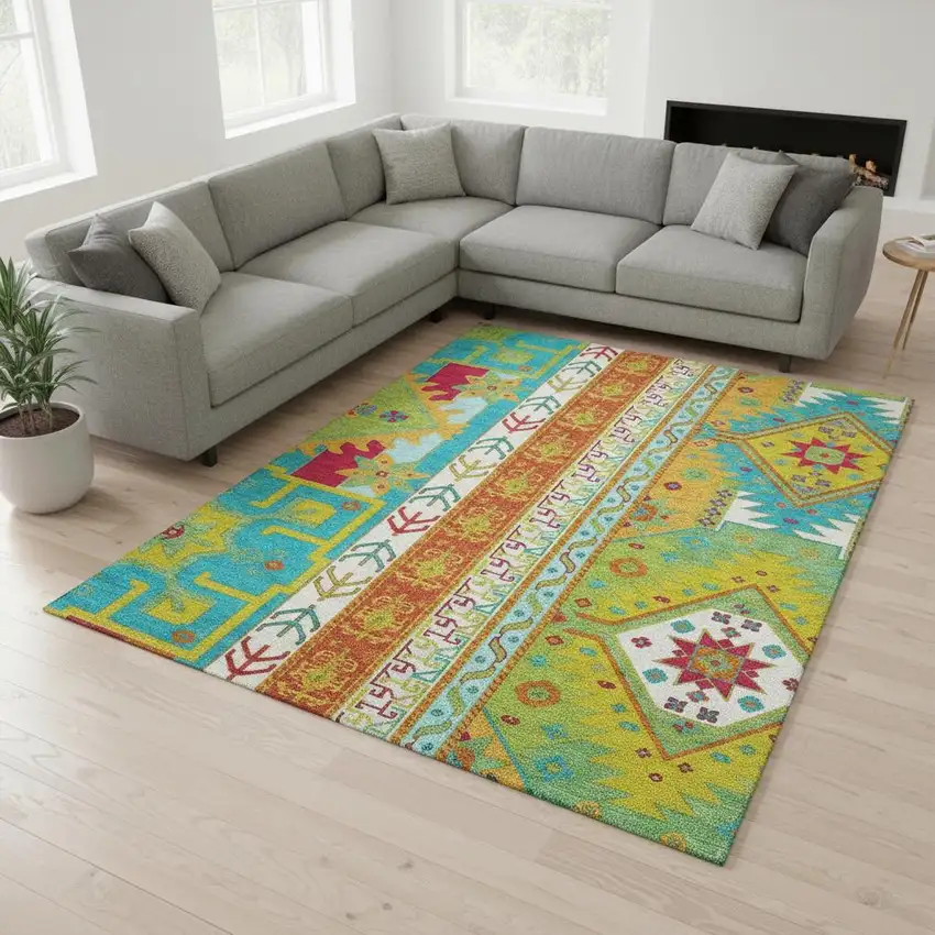 Teal Lime Green And Orange Southwestern Washable Area Rug With UV Protection Photo 2