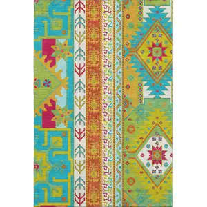 Photo of Teal Lime Green And Orange Southwestern Washable Area Rug With UV Protection