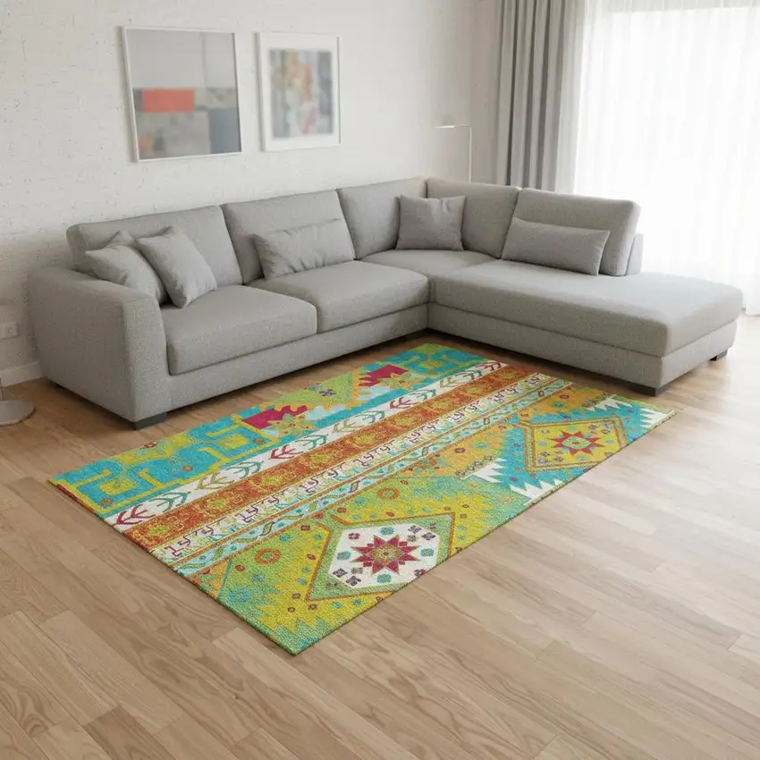 Teal Lime Green And Orange Southwestern Washable Area Rug With UV Protection Photo 2