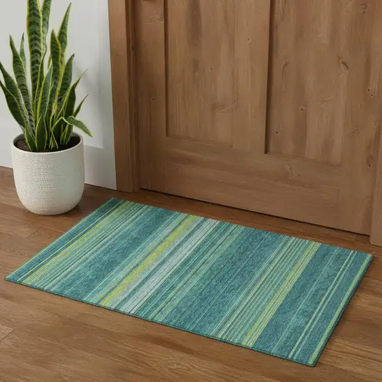 Teal Lime Green And Sky Blue Striped Washable Area Rug With UV Protection Photo 1