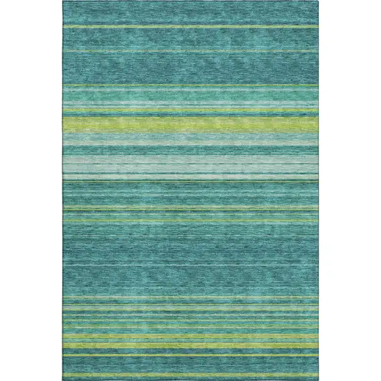 Teal Lime Green And Sky Blue Striped Washable Area Rug With UV Protection Photo 1