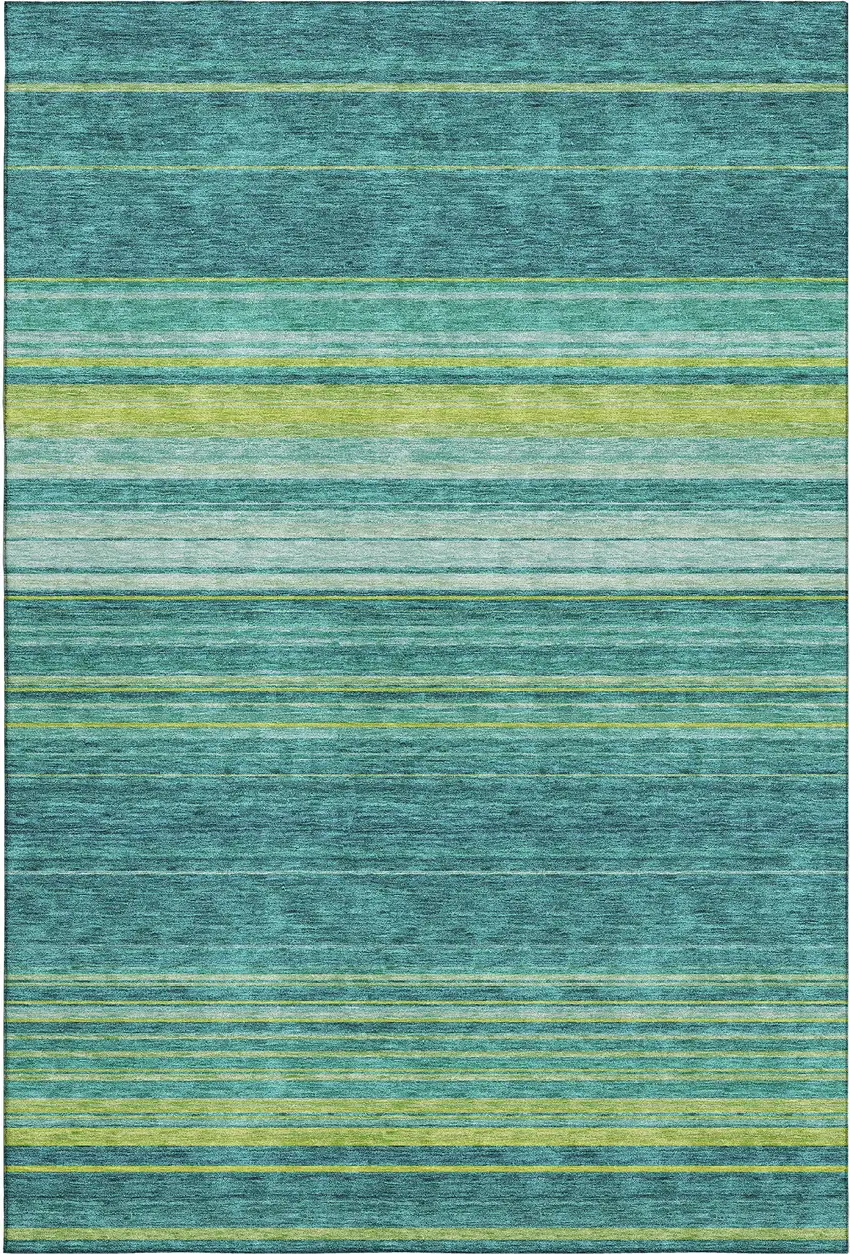 Teal Lime Green And Sky Blue Striped Washable Area Rug With UV Protection Photo 1