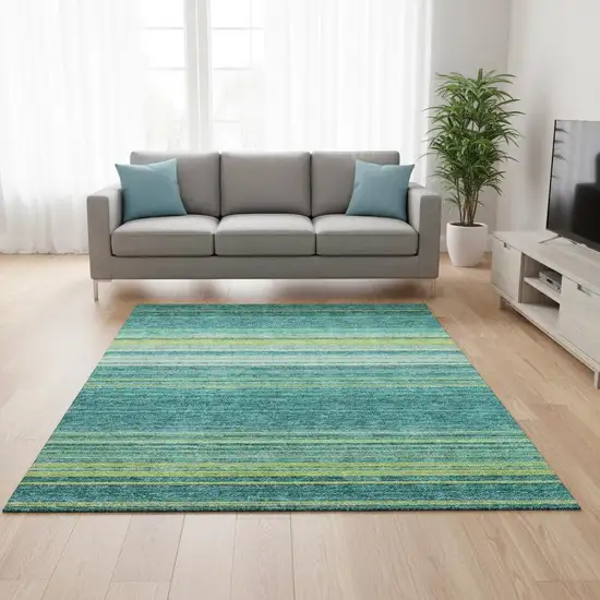 Teal Lime Green And Sky Blue Striped Washable Area Rug With UV Protection Photo 2