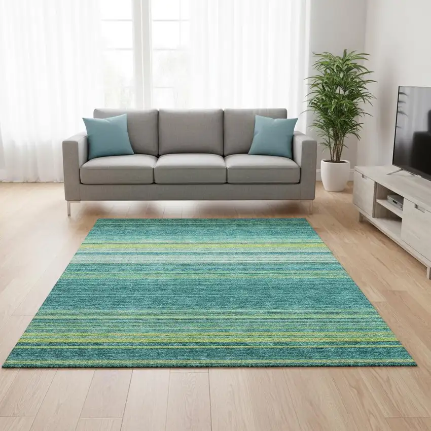 Teal Lime Green And Sky Blue Striped Washable Area Rug With UV Protection Photo 2