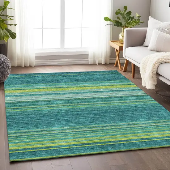 Teal Lime Green And Sky Blue Striped Washable Area Rug With UV Protection Photo 3