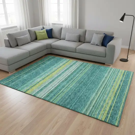Teal Lime Green And Sky Blue Striped Washable Area Rug With UV Protection Photo 2