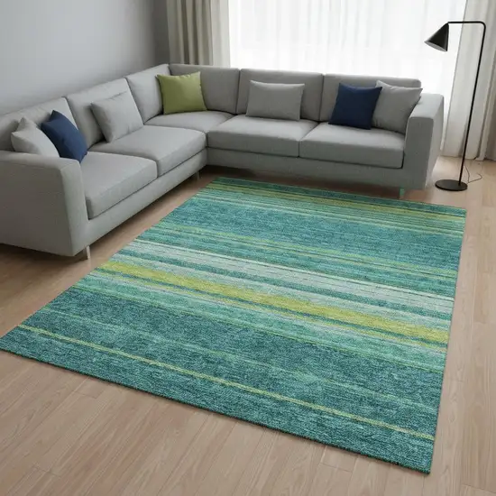 Teal Lime Green And Sky Blue Striped Washable Area Rug With UV Protection Photo 2