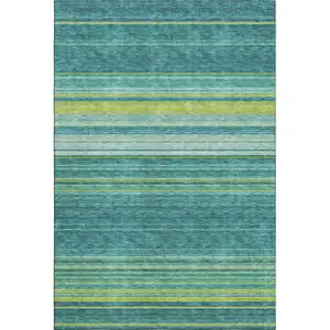 Photo of Teal Lime Green And Sky Blue Striped Washable Area Rug With UV Protection