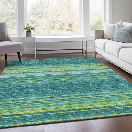 Teal Lime Green And Sky Blue Striped Washable Area Rug With UV Protection Photo 5