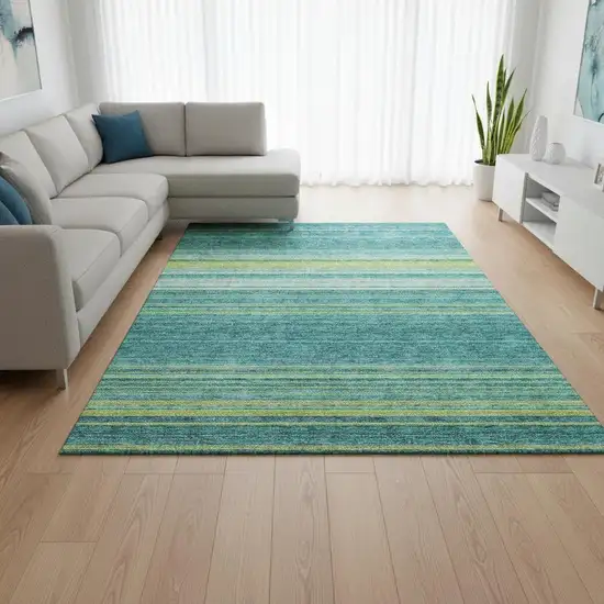 Teal Lime Green And Sky Blue Striped Washable Area Rug With UV Protection Photo 2