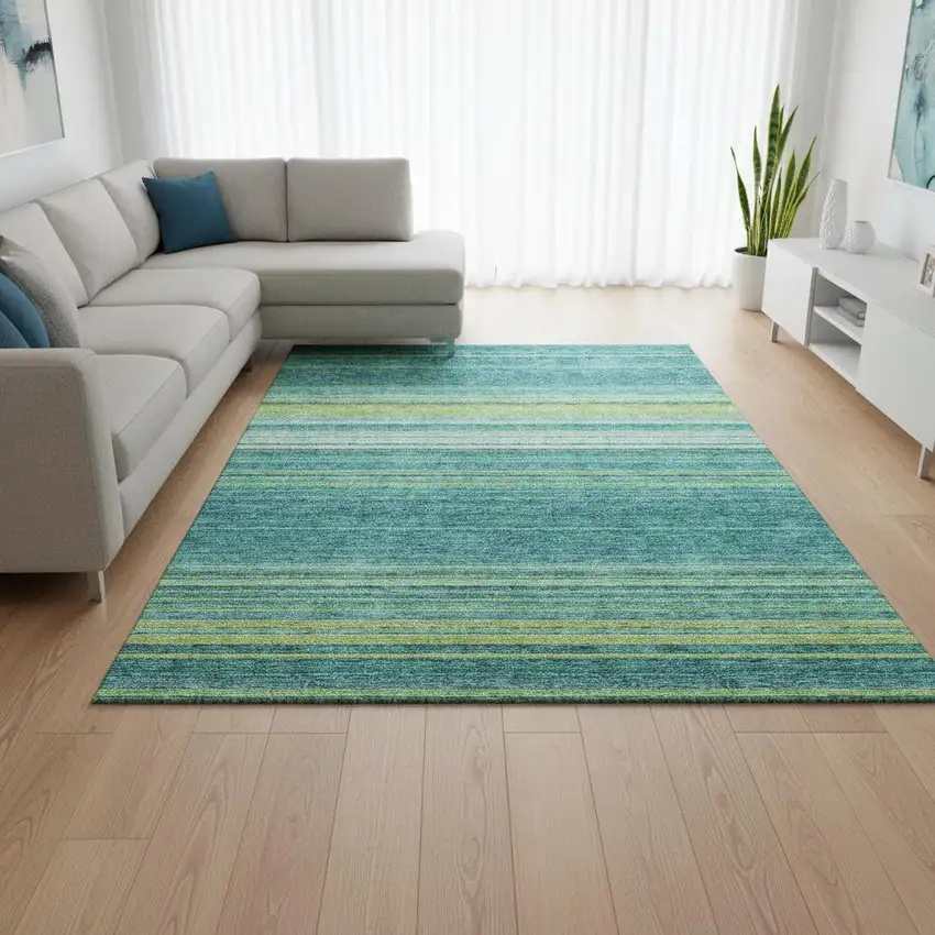 Teal Lime Green And Sky Blue Striped Washable Area Rug With UV Protection Photo 2