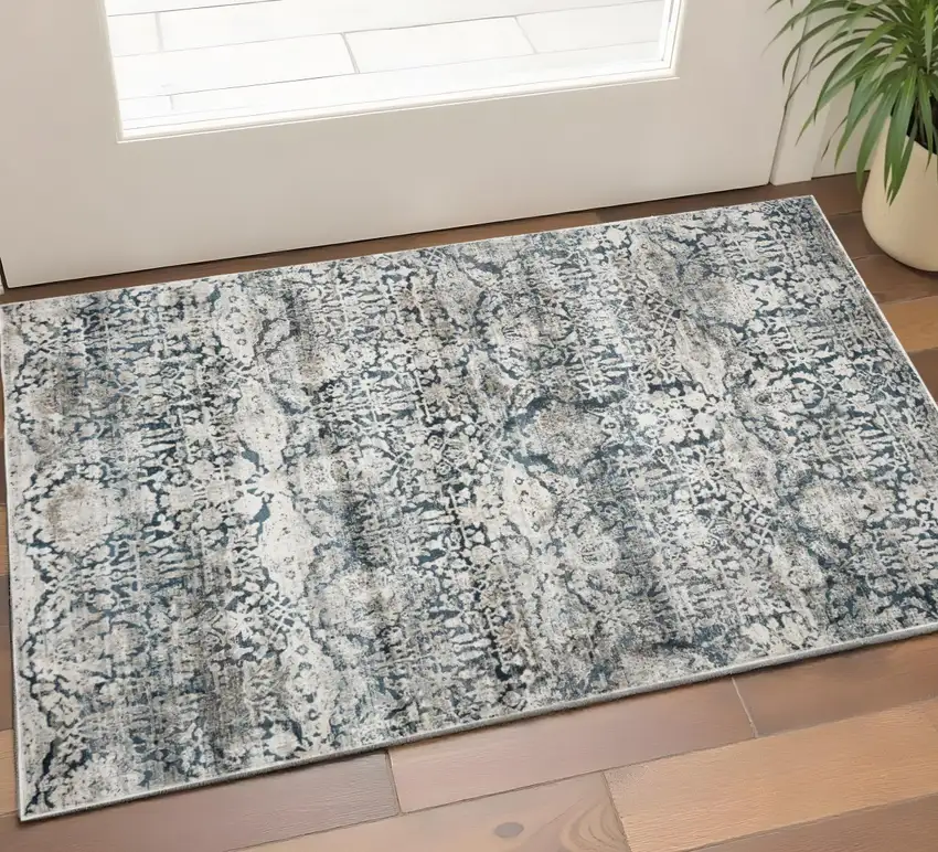Teal And Ivory Floral Area Rug Photo 1