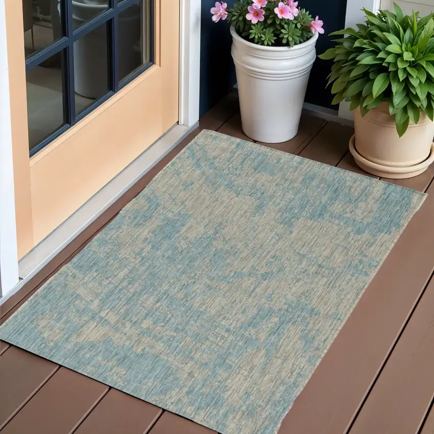 Teal Blue Abstract Indoor Outdoor Area Rug Photo 1