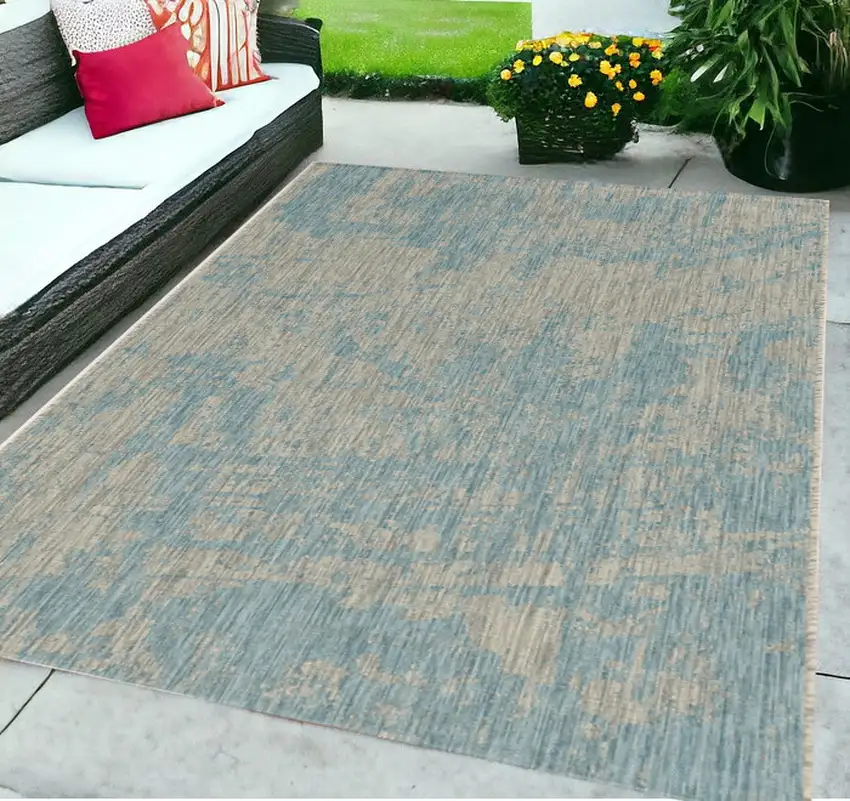 5'X7' Teal Machine Woven Uv Treated Abstract Brushstrokes Indoor Outdoor Area Rug Photo 1