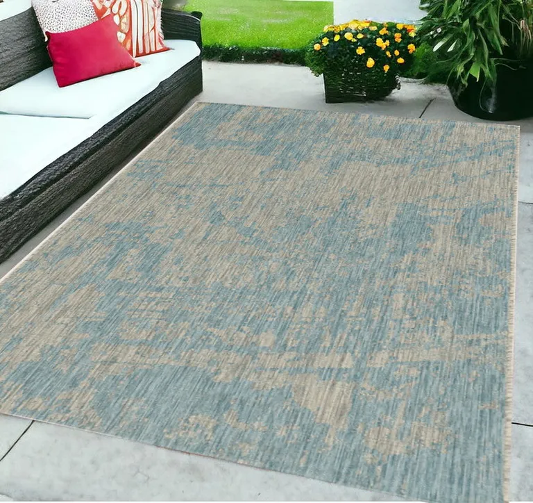 Teal Machine Woven UV Treated Abstract Brushstrokes Indoor Outdoor Area Rug Photo 4