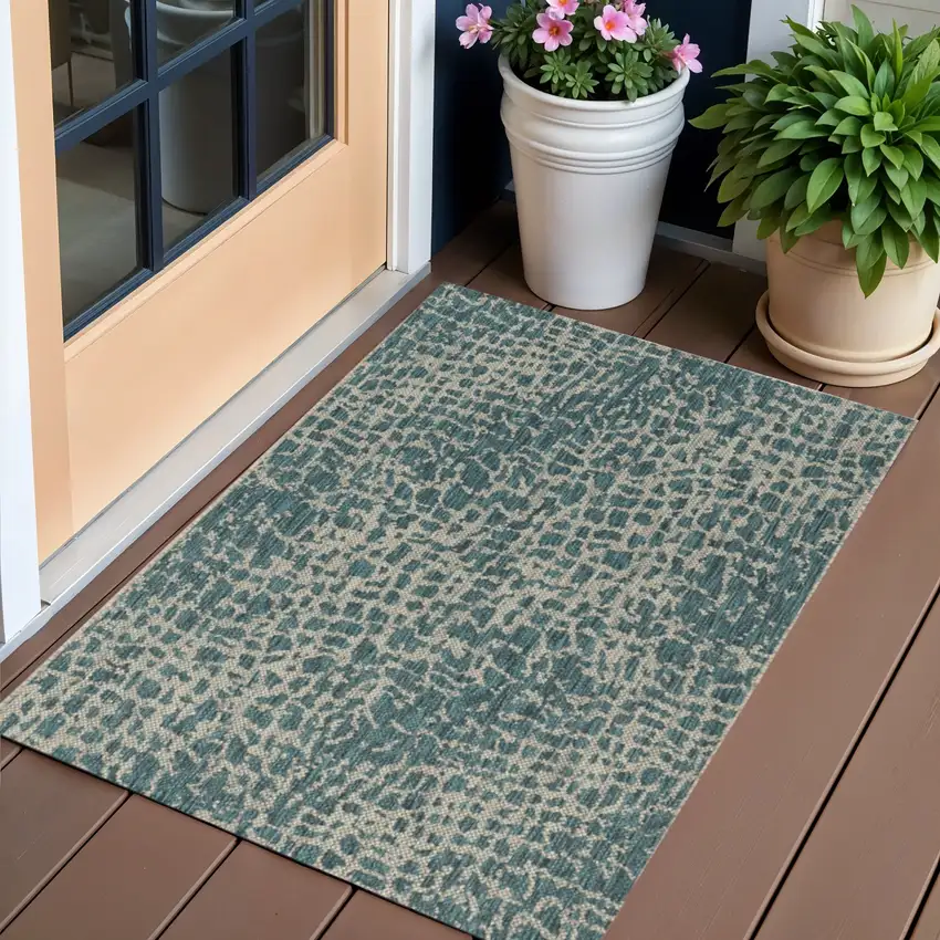 Teal Blue Abstract Indoor Outdoor Area Rug Photo 1
