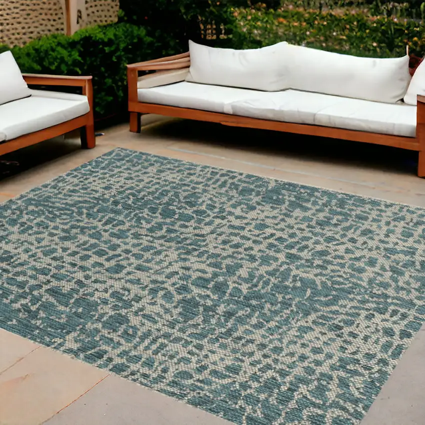 8'X11' Teal Machine Woven Uv Treated Animal Print Indoor Outdoor Area Rug Photo 1