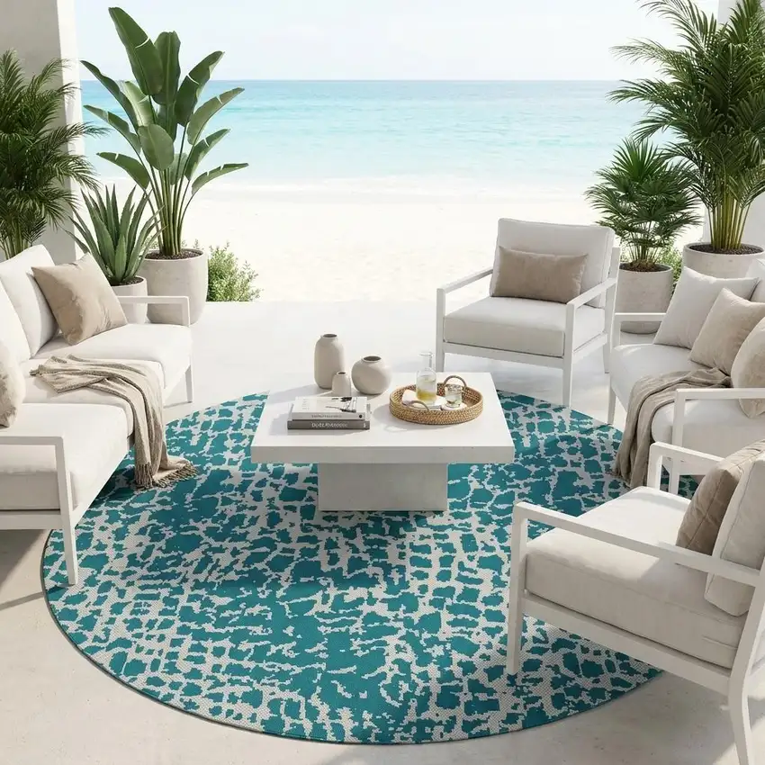 8' Teal Blue Abstract Indoor Outdoor Area Rug Photo 1