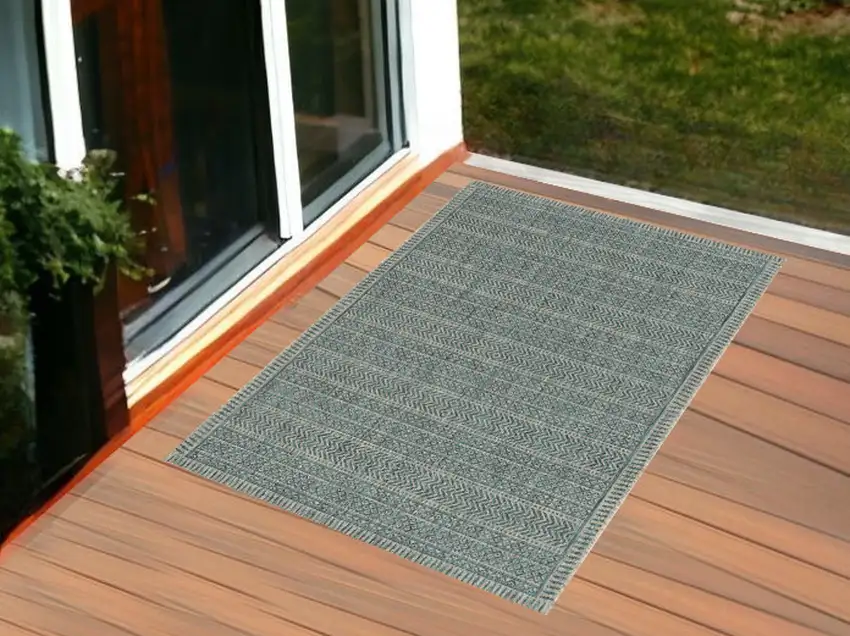 3'X5' Teal Machine Woven Uv Treated Tribal Indoor Outdoor Area Rug Photo 1