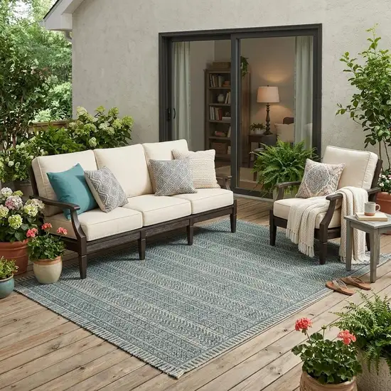 Teal Blue Southwestern Indoor Outdoor Area Rug Photo 1