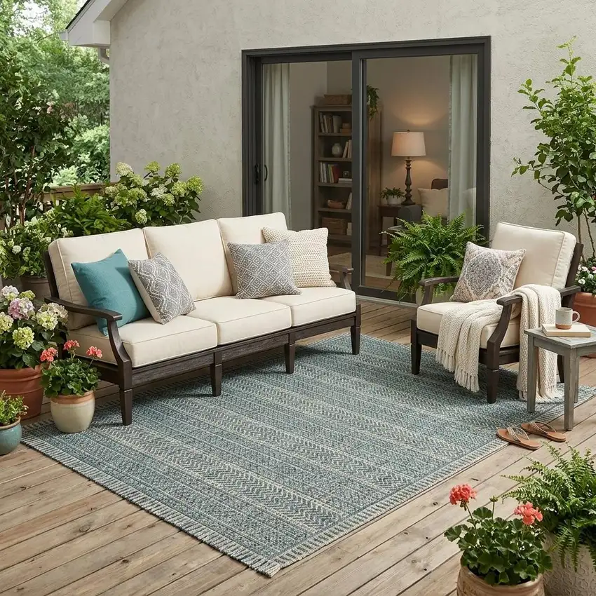 Teal Blue Southwestern Indoor Outdoor Area Rug Photo 1