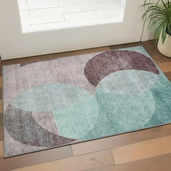 Teal Mauve And Blush Geometric Washable Area Rug With UV Protection Photo 2