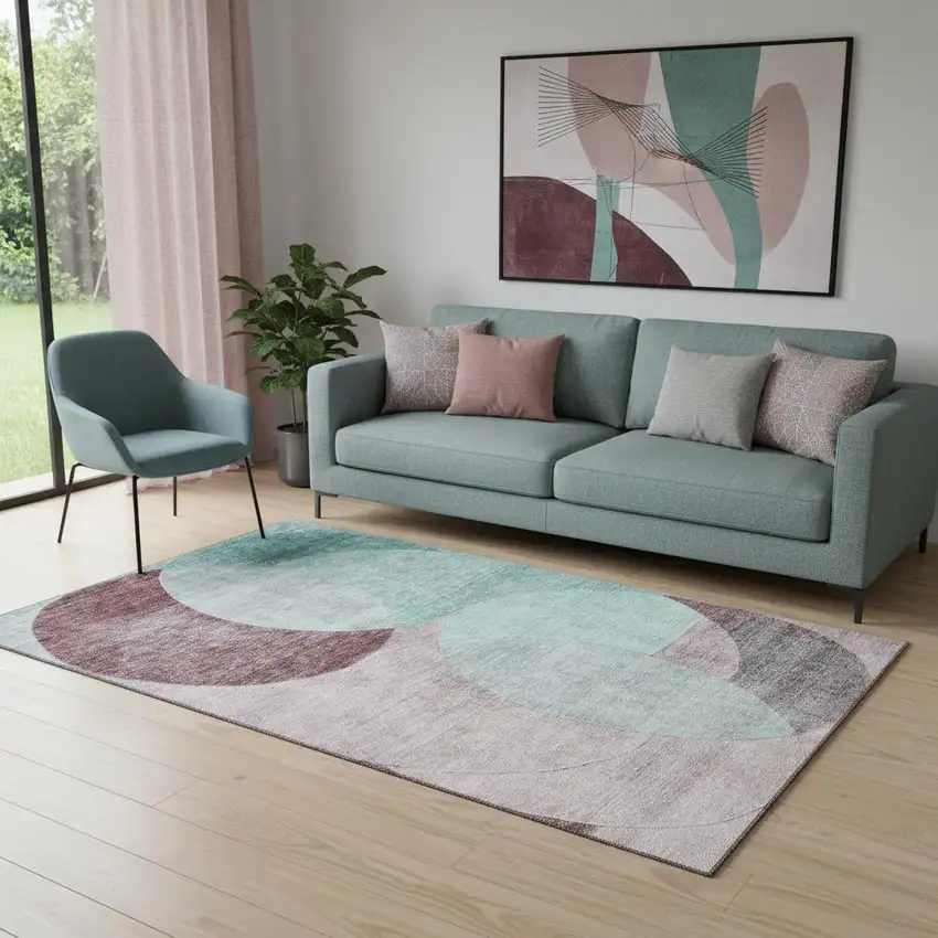 Teal Mauve And Blush Geometric Washable Area Rug With UV Protection Photo 2