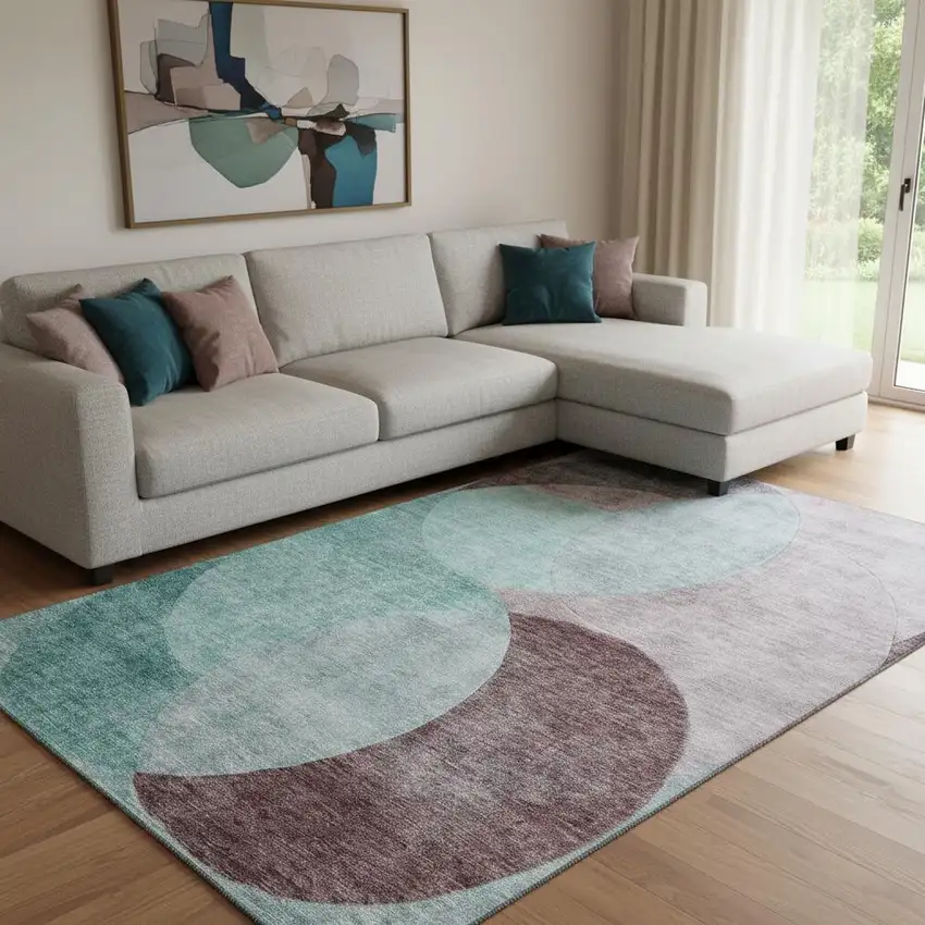 Teal Mauve And Blush Geometric Washable Area Rug With UV Protection Photo 2