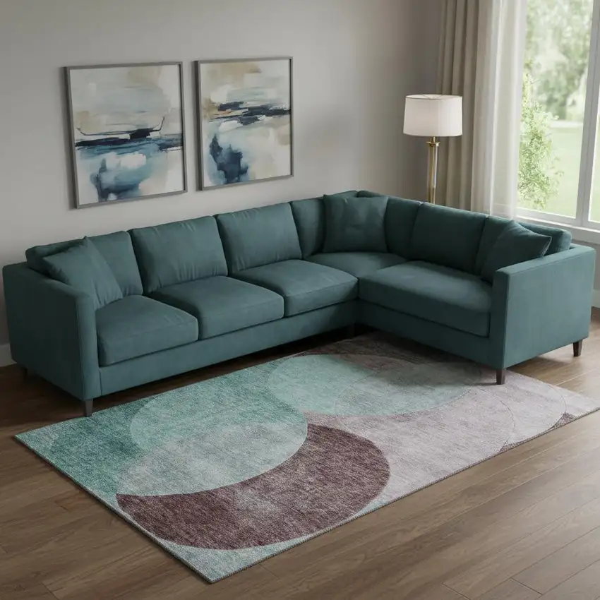 Teal Mauve And Blush Geometric Washable Area Rug With UV Protection Photo 2