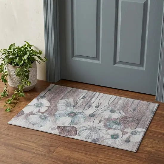 Teal Mauve And Ivory Floral Washable Area Rug With UV Protection Photo 1