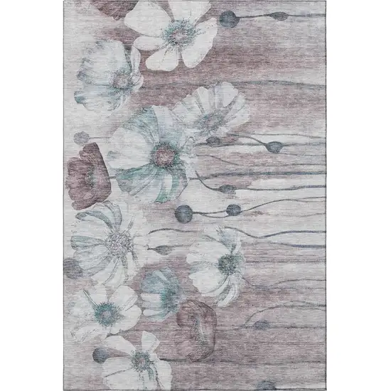 Teal Mauve And Ivory Floral Washable Area Rug With UV Protection Photo 3