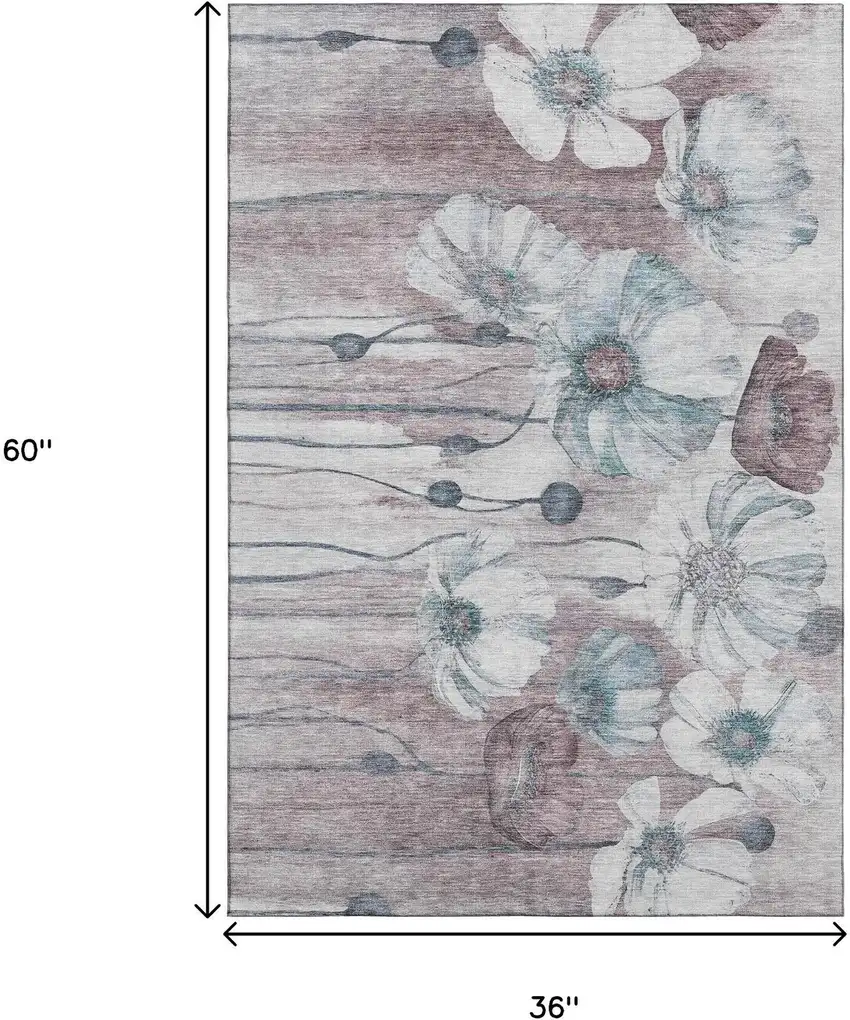 Teal Mauve And Ivory Floral Washable Area Rug With UV Protection Photo 7