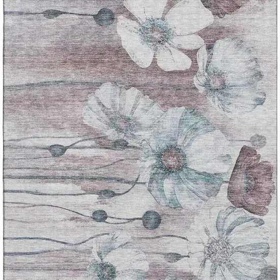 Teal Mauve And Ivory Floral Washable Area Rug With UV Protection Photo 1
