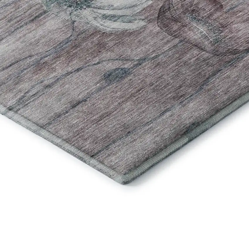 Teal Mauve And Ivory Floral Washable Area Rug With UV Protection Photo 9